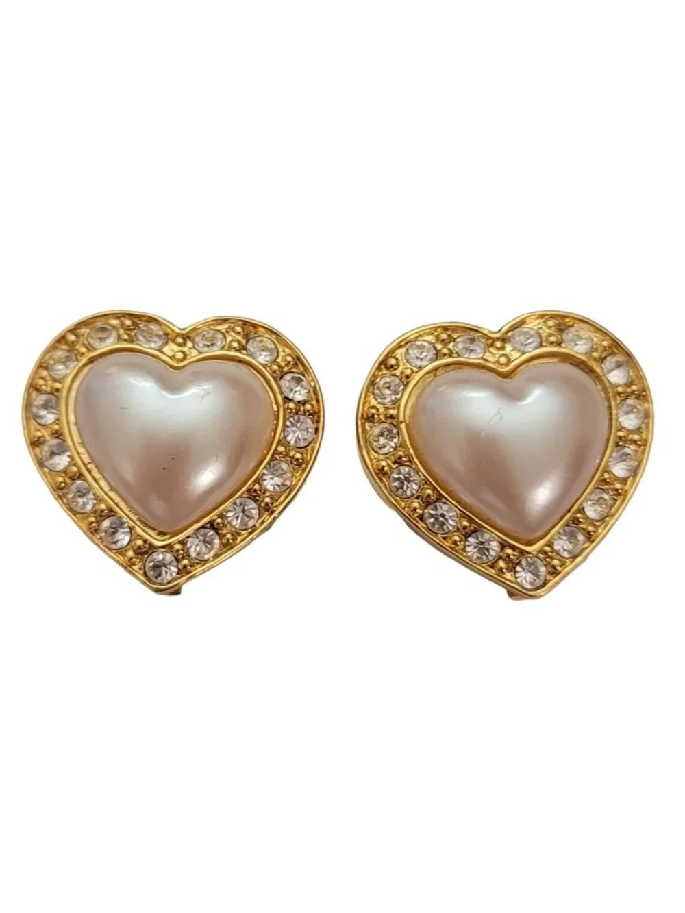 Avon Gold Tone Clear Rhinestone Faux Pearl Heart Shape Clip-On Earrings, E813